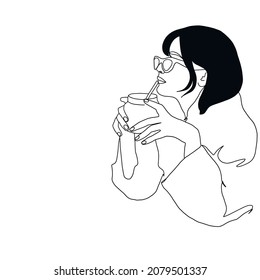 Una mujer de línea continua bebe café. Mujer con vidrio. Ilustración vectorial dibujada a mano. 