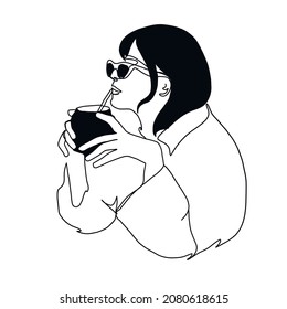 One continuous line woman drinks coffee. Woman with glass. Hand drawn vector illustration. 