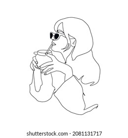 One continuous line woman drinks coffee. Woman with glass. Hand drawn vector illustration. 