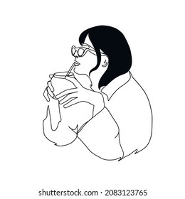 One continuous line woman drinks coffee. Woman with glass. Hand drawn vector illustration. 