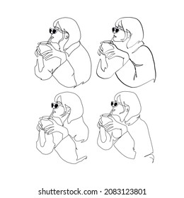 One continuous line woman drinks coffee. Woman with glass. Hand drawn vector illustration. 