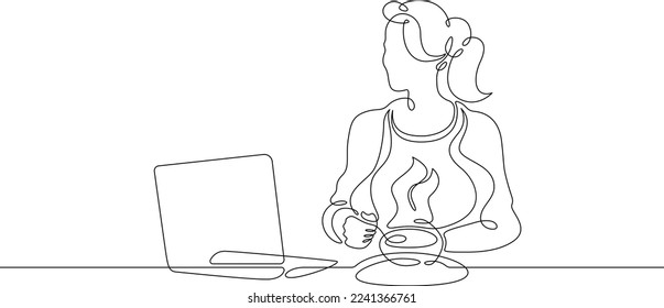 Una línea continua. Una mujer come en una laptop. Comer en la computadora. Trabajo en Internet. Chica con una laptop. Una línea continua sobre un fondo blanco.