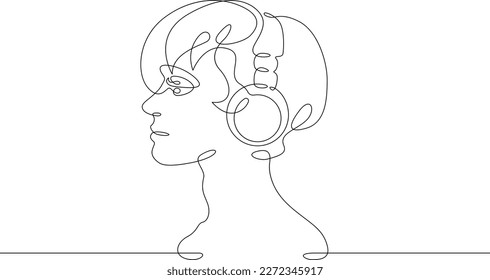 One continuous line. Woman with headphones. Bluetooth headset. Young girl listens to music on headphones. One continuous line drawn isolated, white background.