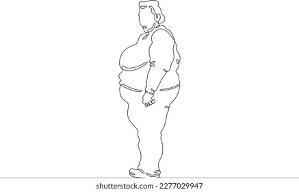 One continuous line.Fat woman on the street. Obese person. Fat girl. Obesity. Large woman. One continuous line drawn isolated, white background.