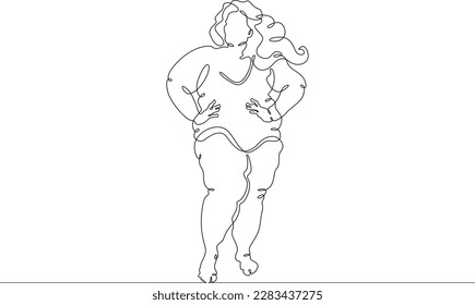One continuous line.Fat woman on the street. Obese person. Fat girl. Obesity. Large woman. One continuous line drawn isolated, white background.