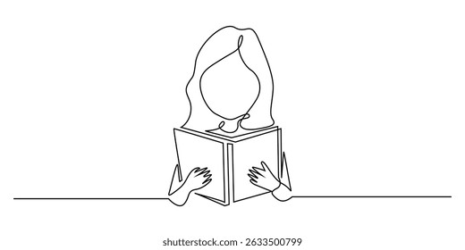 one continuous line woman reading a book.single line drawing concept for education,learning,vacation.minimalist line art vector illustration