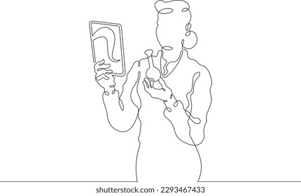 One continuous line. Woman scientist. Genetic doctor. Genetic engineer performs tests. Working with DNA. Scientific research.One continuous line drawn isolated, white background.