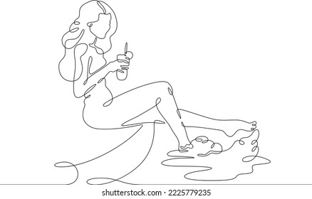 One continuous line. A woman sits on the edge of a pool. Rest by the water. Swimming in the pool. One continuous line on a white background.