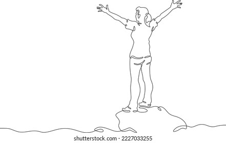 One continuous line. The woman stands with outstretched arms. One continuous line on a white background.