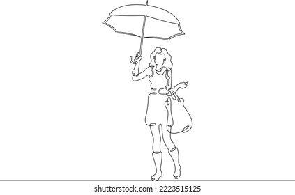 One continuous line. Woman with an umbrella in the rain. One continuous line on a white background.