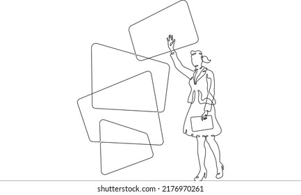 One continuous line. The woman works at the computer. The female character is using multiscreens. Search for information on multiple screens. Multiscreen for media.One continuous line is drawn 

