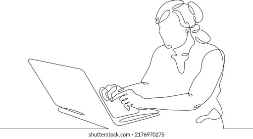 One continuous line. The woman works at the computer. A female character sits at a laptop. Work with mobile Internet.One continuous line is drawn on a white background.