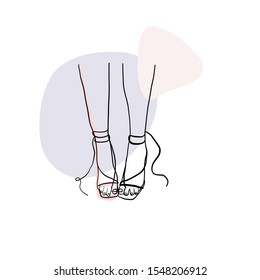 One continuous line woman's feet in sandals with heels. Minimalism conceptual salon icon.