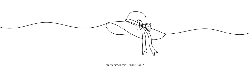 one continuous line of women's hat.one line drawing of hat with flowers and ribbon.single line vector illustration.isolated white background Editable stroke