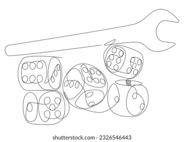 Una línea continua de Llave y dados. Concepto vectorial de Ilustración de líneas delgadas. Contour Drawing Ideas Creativas.