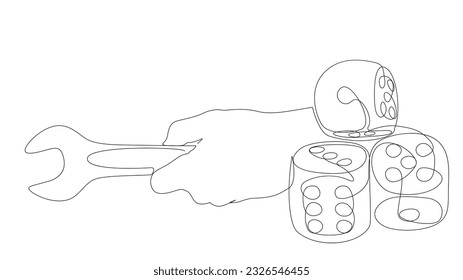 One continuous line of Wrench and dice. Thin Line Illustration vector concept. Contour Drawing Creative ideas.