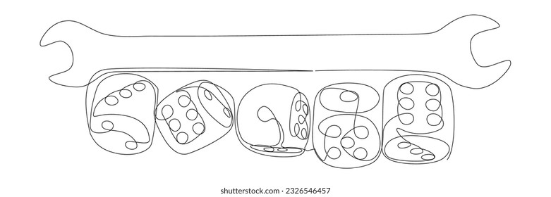 One continuous line of Wrench and dice. Thin Line Illustration vector concept. Contour Drawing Creative ideas.