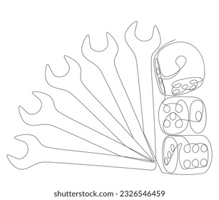 One continuous line of Wrench and dice. Thin Line Illustration vector concept. Contour Drawing Creative ideas.