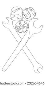 One continuous line of Wrench and dice. Thin Line Illustration vector concept. Contour Drawing Creative ideas.