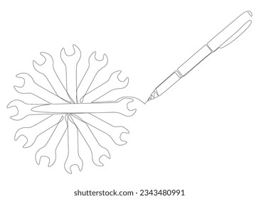 One continuous line of Wrench drawn with a pencil, felt tip pen. Thin Line Illustration vector concept. Contour Drawing Creative ideas.