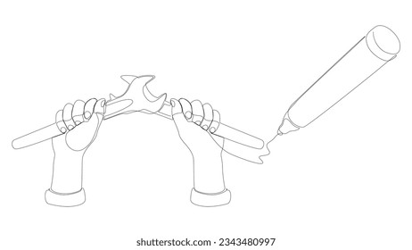 One continuous line of Wrench drawn with a pencil, felt tip pen. Thin Line Illustration vector concept. Contour Drawing Creative ideas.