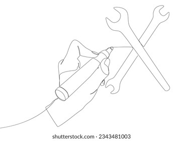 One continuous line of Wrench drawn with a pencil, felt tip pen. Thin Line Illustration vector concept. Contour Drawing Creative ideas.