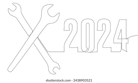 One continuous line of Wrench with number 2024. Thin Line Illustration vector concept. Contour Drawing Creative ideas.