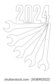 One continuous line of Wrench with number 2024. Thin Line Illustration vector concept. Contour Drawing Creative ideas.