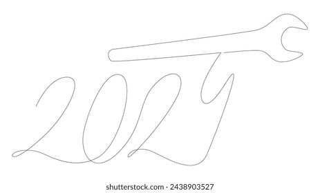 One continuous line of Wrench with number 2024. Thin Line Illustration vector concept. Contour Drawing Creative ideas.