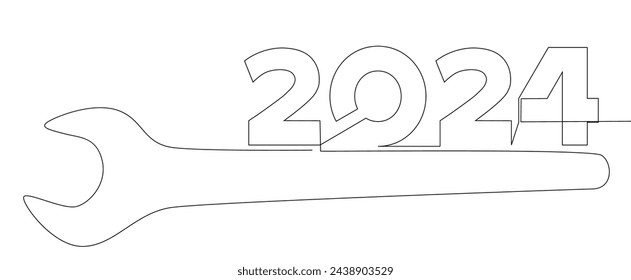 One continuous line of Wrench with number 2024. Thin Line Illustration vector concept. Contour Drawing Creative ideas.