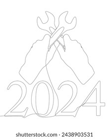One continuous line of Wrench with number 2024. Thin Line Illustration vector concept. Contour Drawing Creative ideas.