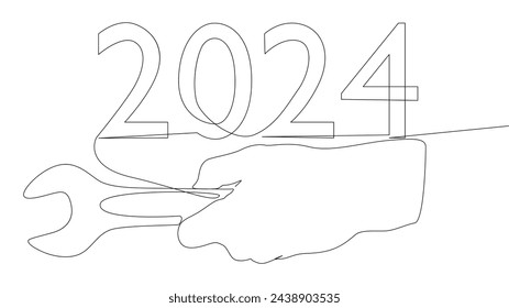 Una línea continua de llave inglesa con el número 2024. Concepto de vector de ilustración de línea delgada. Contour Drawing Ideas creativas.