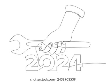 One continuous line of Wrench with number 2024. Thin Line Illustration vector concept. Contour Drawing Creative ideas.