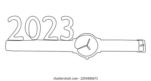 One continuous line of a wristwatch and number 2023. Thin Line Illustration vector concept. Contour Drawing Creative ideas.
