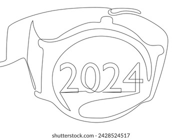 One continuous line of wristwatch with number 2024. Thin Line Illustration vector concept. Contour Drawing Creative ideas.