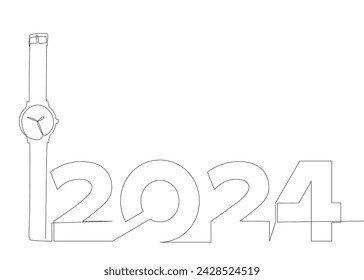 One continuous line of wristwatch with number 2024. Thin Line Illustration vector concept. Contour Drawing Creative ideas.