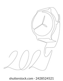 One continuous line of wristwatch with number 2024. Thin Line Illustration vector concept. Contour Drawing Creative ideas.