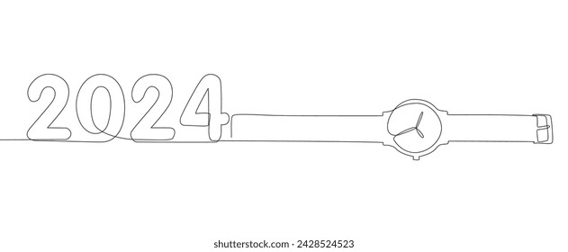 One continuous line of wristwatch with number 2024. Thin Line Illustration vector concept. Contour Drawing Creative ideas.