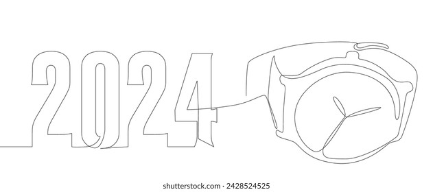 One continuous line of wristwatch with number 2024. Thin Line Illustration vector concept. Contour Drawing Creative ideas.