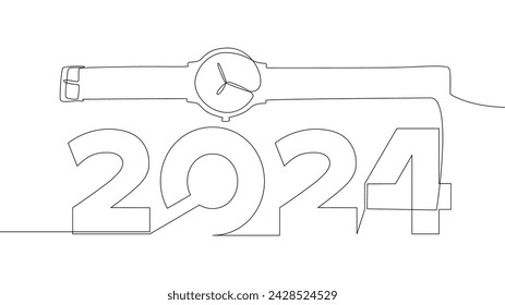 One continuous line of wristwatch with number 2024. Thin Line Illustration vector concept. Contour Drawing Creative ideas.