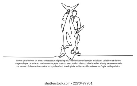 Eine durchgehende Linie eines jungen Mannes, der einen großen Thunfischfisch hochhält. Minimalistische Vektorgrafik auf weißem Hintergrund.