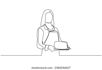 One continuous line young mother with a birthday cake for children, Continuous one line design of a mother and her son together making a cake.