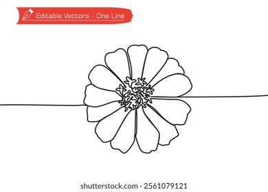 One continuous line of zinnia flower image. Vector illustration of one line zinnia flower for greeting card, printing, screen printing, brocade. Zinnia flower for icon, symbol, logo.