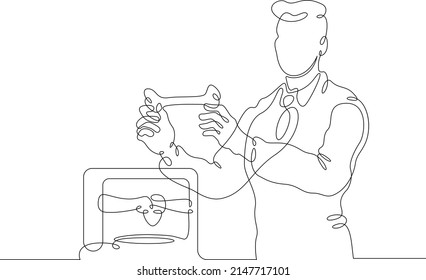 One Continuous Line.3D Printing Of Bones For Human Implantation. Bioprinter For Printing Parts Of The Human Body. The Doctor Prints The Bones On The Printer.One Continuous Line Isolated.3D Printer