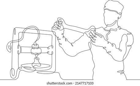 One Continuous Line.3D Printing Of Bones For Human Implantation. Bioprinter For Printing Parts Of The Human Body. The Doctor Prints The Bones On The Printer.One Continuous Line Isolated.3D Printer