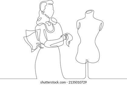 One continuous line.A fashion designer designs a dress. A seamstress works with a mannequin.Fashion designer, dressmaker, seamstress, sewing workshop or courses, tailoring concept. Continuous line