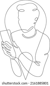 One continuous line.A man looks at the smartphone screen.Geolocation using mobile communications. Geolocation sign.Navigation on a mobile device map.One continuous line is drawn on a white background