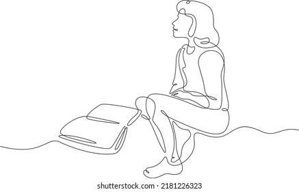 One continuous line.A man is reading a book. Male character with a book. Dreamer reading. Education and knowledge. One continuous line is drawn on a white background.