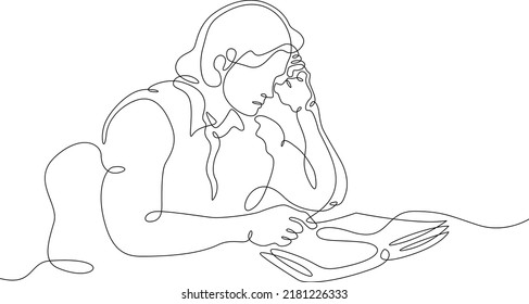 One continuous line.A man is reading a book. Male character with a book. Dreamer reading. Education and knowledge. One continuous line is drawn on a white background.