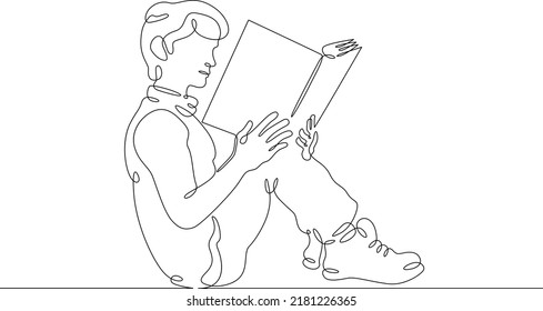 One continuous line.A man is reading a book. Male character with a book. Dreamer reading. Education and knowledge. One continuous line is drawn on a white background.